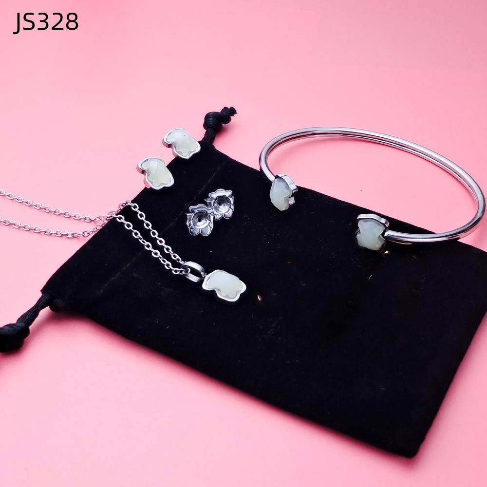 Fashion Women Men Silver Gold Stainless Steel Bear Cartoon White Black Glass Bead Chain Open Bracelet Necklace Earrings Sets Jewelry-image-1054634505