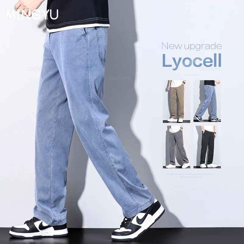 summer clothing soft Lyocell fabric jeans mens blue elastic waist loose straight thin denim plus size 5XL 250409Z