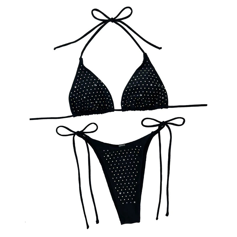 Solid black 2-piece womens swimsuit shiny diamond bikini sexy low waisted thong lace backless swimsuit 250422