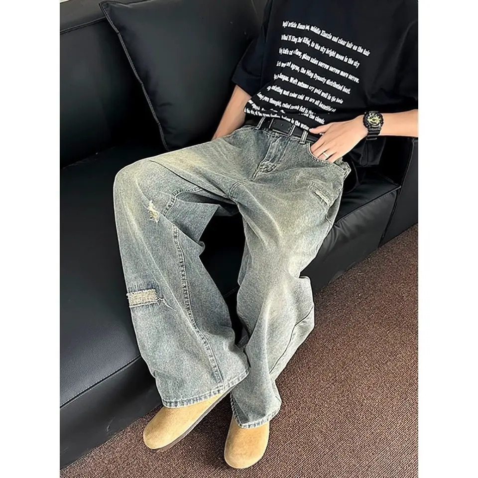 American hip-hop wash straight leg summer mens and womens trendy jeans couple loose retro personalized casual pants Y2K 250420
