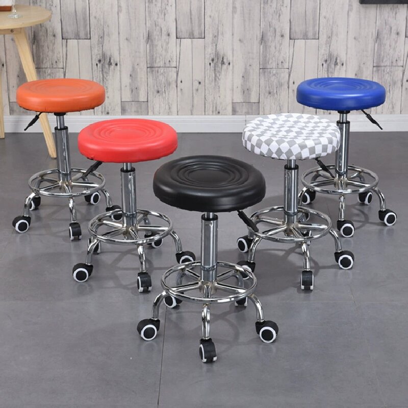 Rotating round stool Metal Salon Work Cafe Bar Soft seat cushion Height-adjustable kitchen stool-image-1085886888