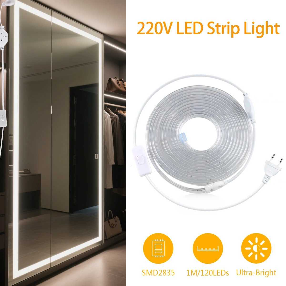 Lampe de rétro-éclairage de miroir de dressing LED avec prise 220V Swtich EU 120LED s/m 1-20m bande lumineuse haute luminosité pour garde-robe de