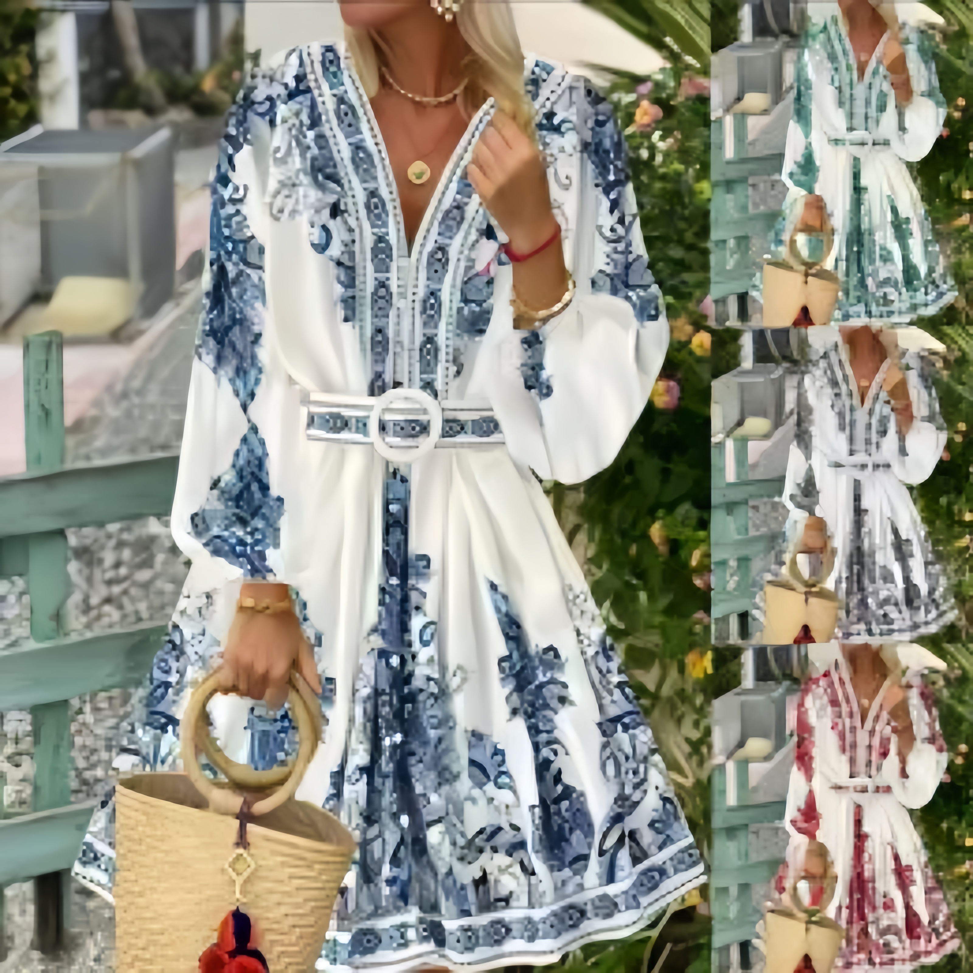 Basic Casual Designer Womens Dresses Women Dresses Spring Runway Fashion Print Vintage Dress V Neck Long Lantern Sleeve
