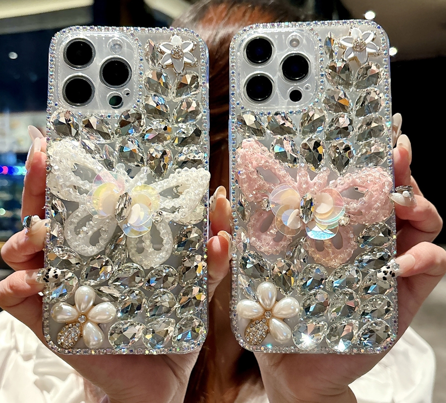 16E 3D Butterfly Bling Diamond Cases For Iphone 17 Air 16 Pro Max 15 Plus 14 13 12 11 X XR XS Luxury Shinny Rhinestone Flower Hard PC Plastic Shockp