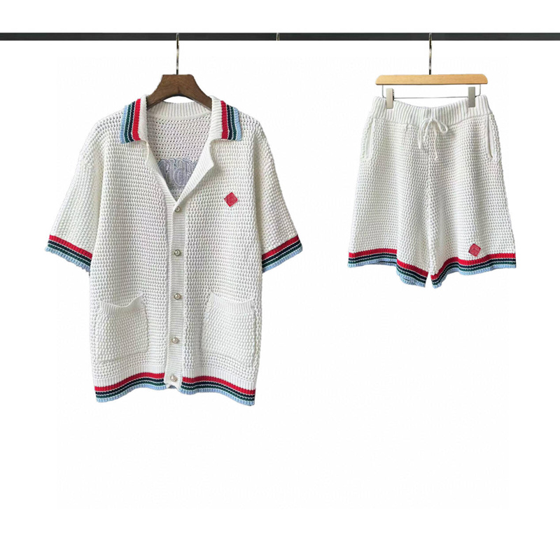 Ca 25th spring and summer new color-blocked knitted short-sleeved suit fluorescent green Shirts And Shorts Two Piece Suits Sports Leisure Male Cl-image-901891886