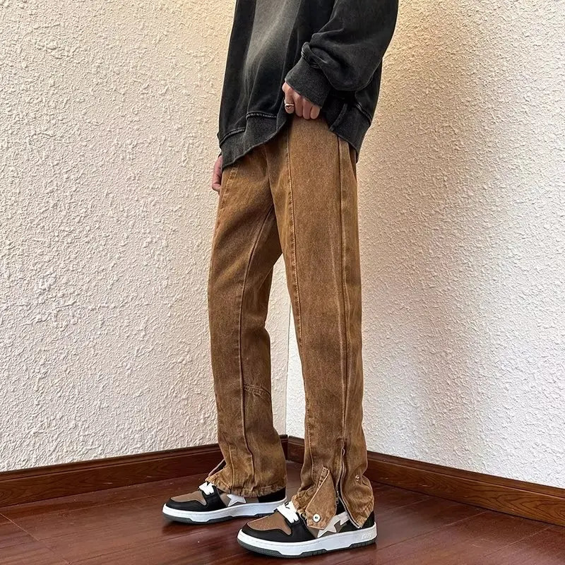 Korean Fashion Ankle Zipper Retro Brown Mens Jeans Straight Hip Hop Casual Cowboy Trouser Pantalones Hombre 250409Z