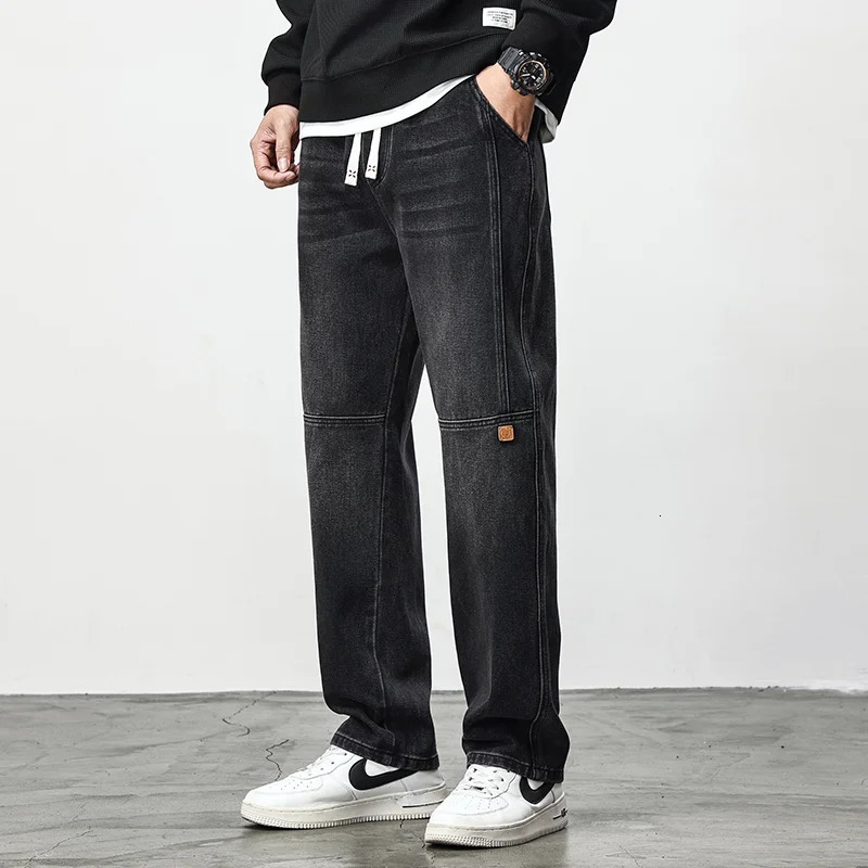 Mens brushed jeans casual loose Harajuku fashion retro blue Trouser straight elastic waist large size 4XL 250409Z