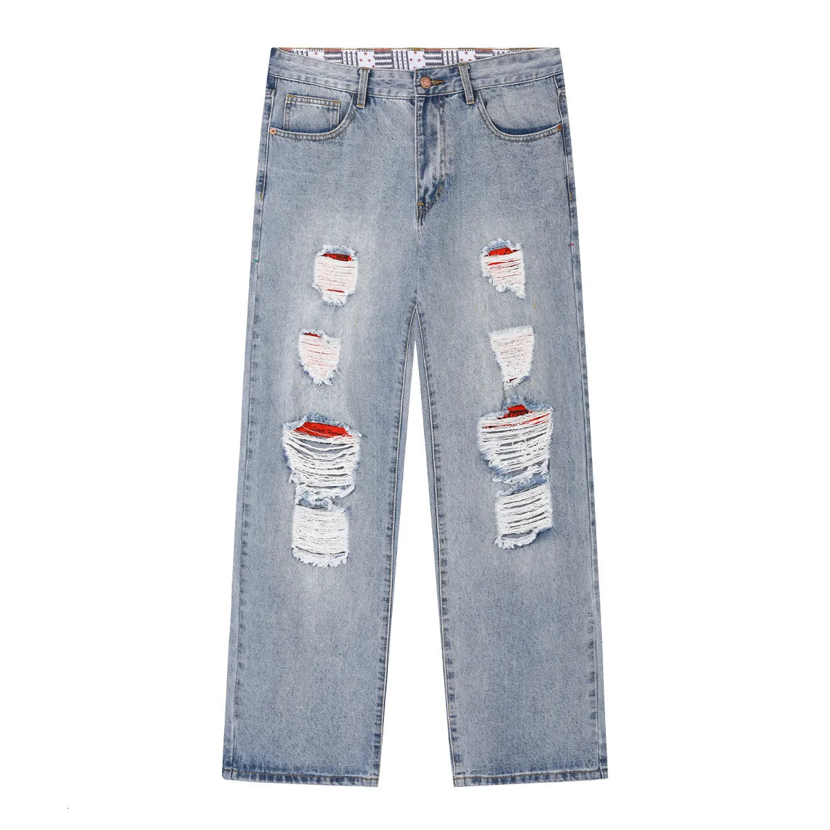 Y2K mens bag jeans street denim 5 pockets light blue striped washed straight ripped personalized red background 250409Z