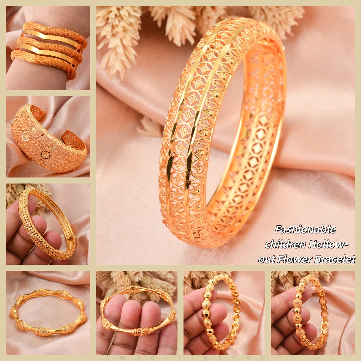 Bijoux pour enfants à la mode Bracelet de fleur creuse bébé bijoux indiens arabes Bracelets de couleur or pour enfants Bracelets de bébé en cuivr