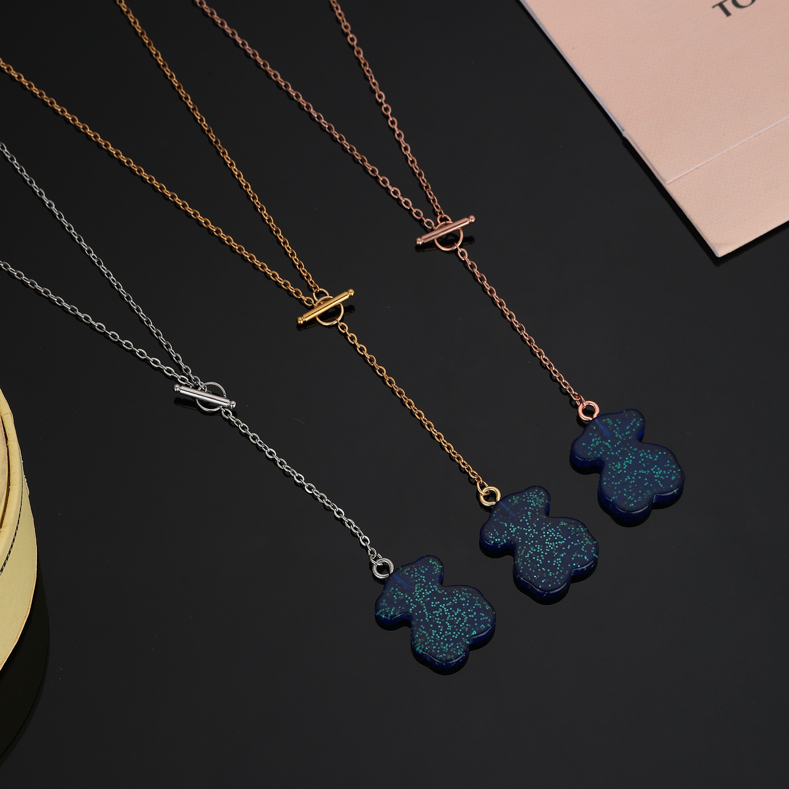 NFashion Women Silver Rose Gold Stainless Steel Copper Hollow Bear Noctilucent Triangle Zircon Animal Pendant Necklace Jewelry-image-1054800510