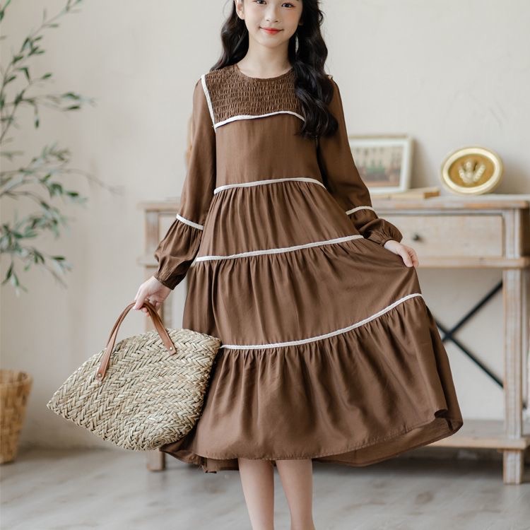 D759 Girls&#039; Spring Dress 2025: Color Blocking Sweet Striped Dress for Elementary School Students, Long-Sleeved Princess Dress for Older Chil-image-1085775236