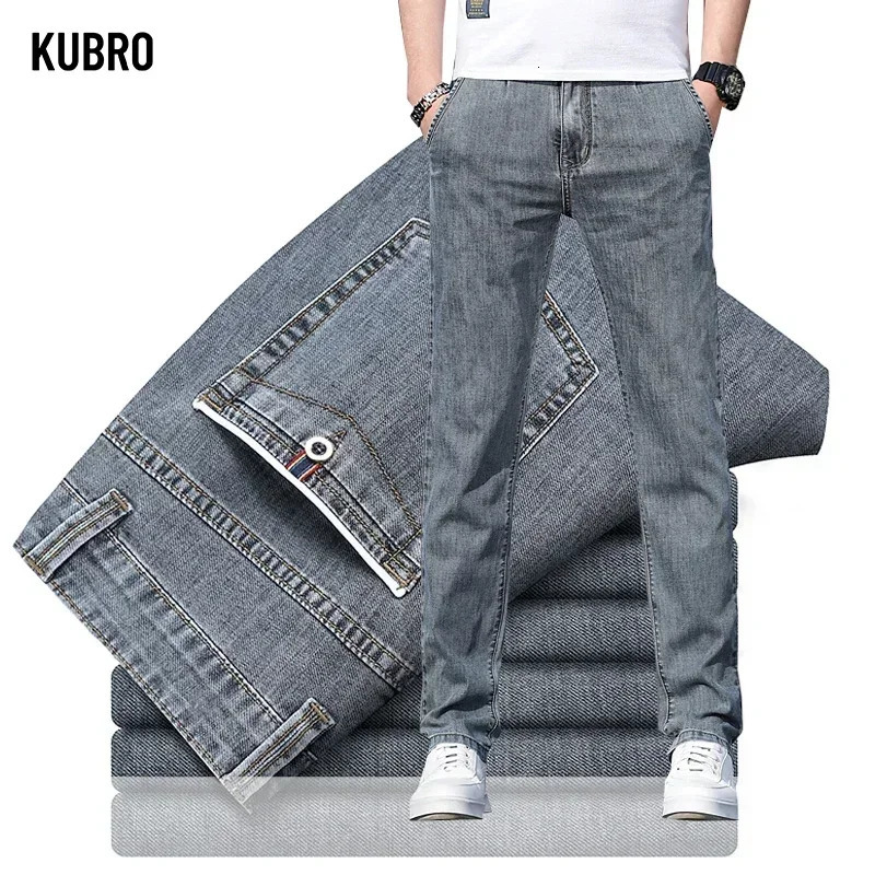 KUBRO 2024 Summer Loose Stretch Grey Jeans Fashion Casual Straight Leg Denim Pants Mens Light Blue 250409Z