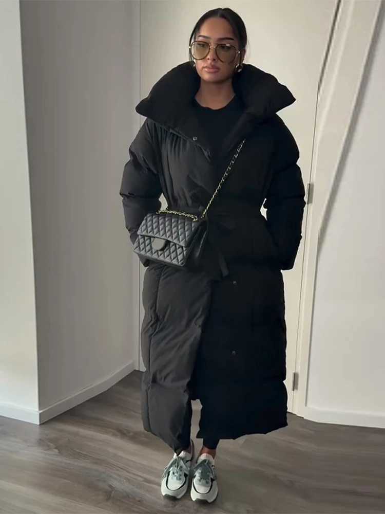Casual Lace-up Long Padded Jackets Womens Loose Full Sleeves Stand Collar Pocket Maxi Coat 2025 New Winter Ladies Solid Outwear H260919