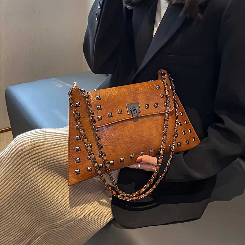 Chic Vintage Rivet Crossbody Bag - Waterproof Faux Leather Adjustable Strap Solid Color with Kiss Lock ClosureXJ251122