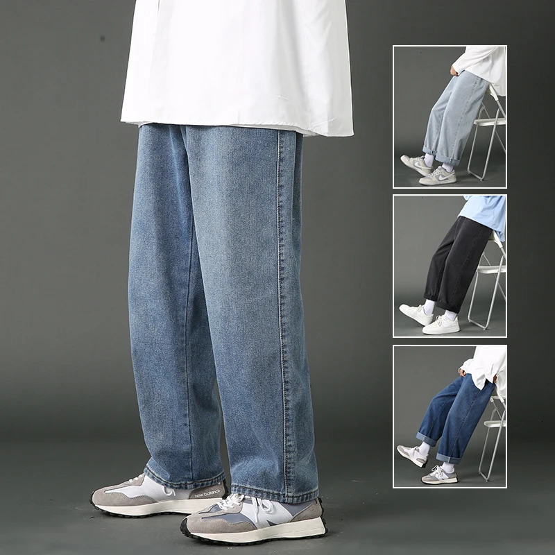 2024 Street casual bagged jeans mens Korean fashion hiphop straight wide leg Trouser couple denim pants black light blue 250409Z
