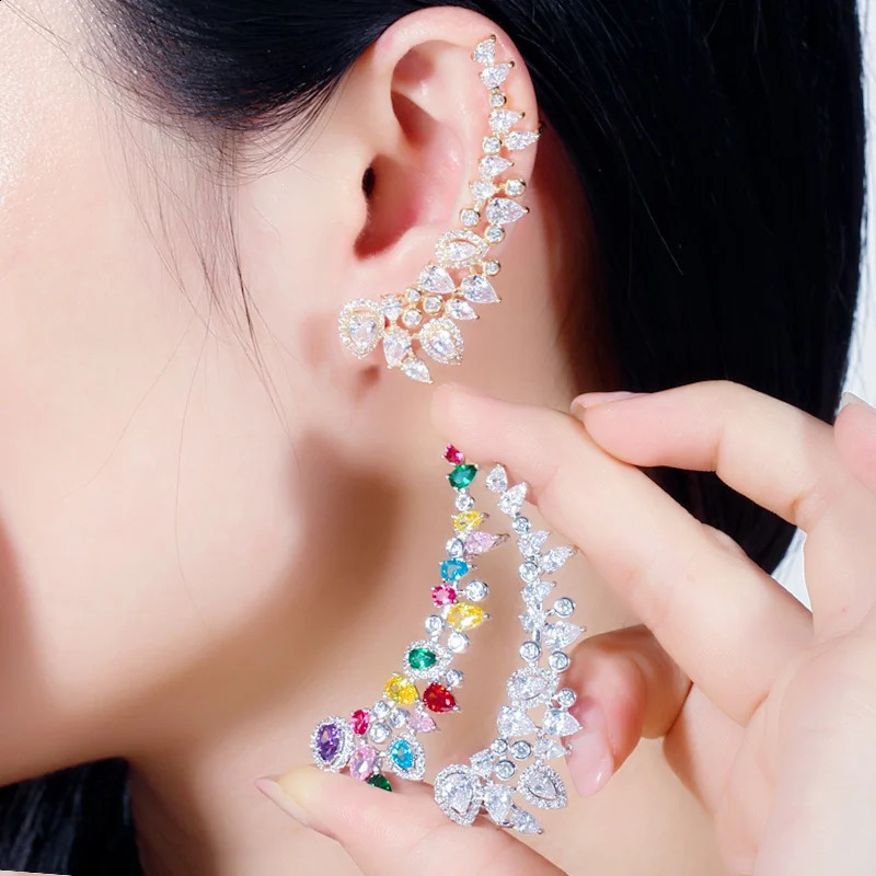 CWWZircon Fashion Cube Zircon 585 Gold Long Asymmetric Earrings Climbing Clip Stud Earrings Womens Punk Rock Jewelry CZ725 250420