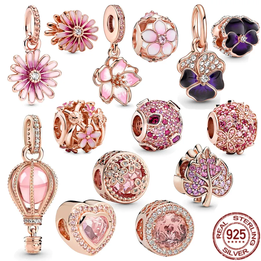 Sterg Sier Charms Pink Daisy wers Cherry Blossom Pearl Beads Suitable for Primitive DIY Bracelet Charm Female Jewelry component Accessories