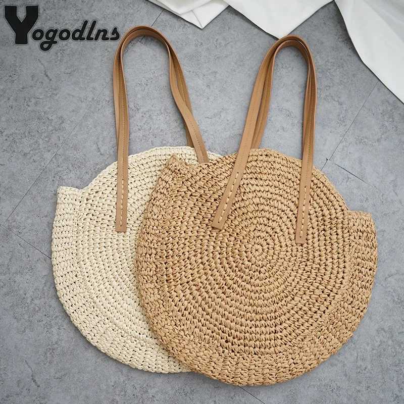 Sac de plage rond vintage Sac à bandoue tissé à la main lafia sac rond Latan Bohemian Summer Vacation Leisure Bagw250504