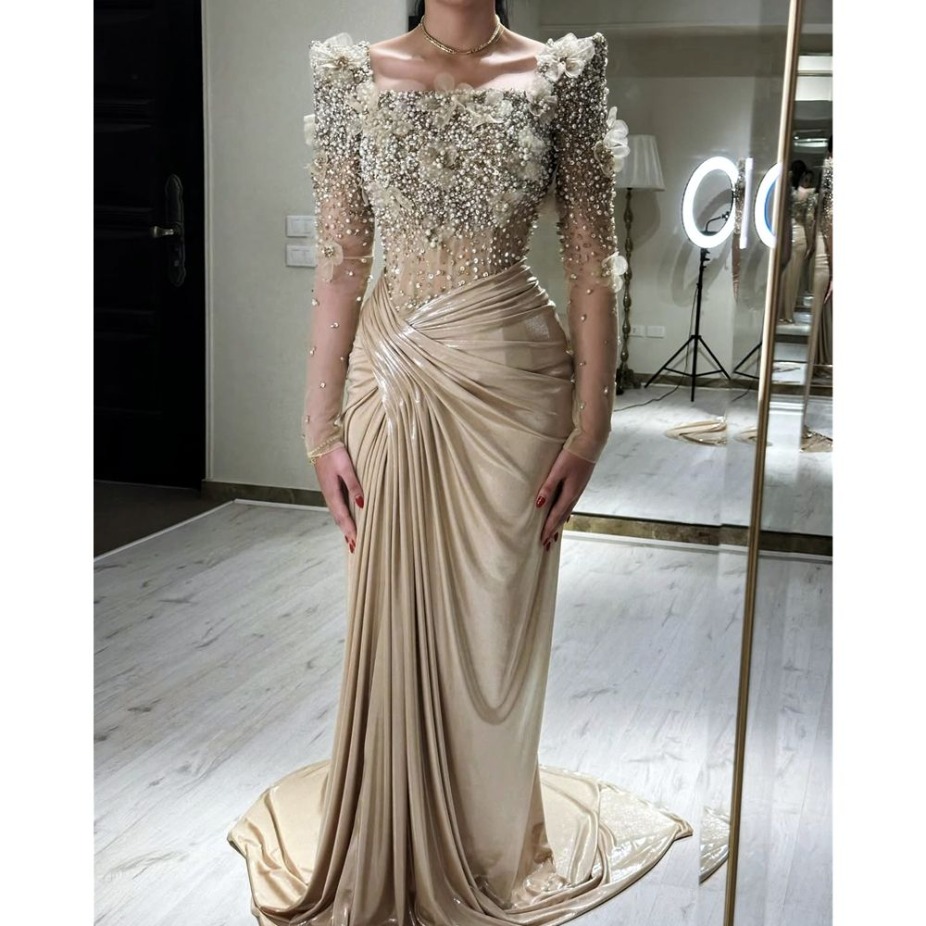 2025 Elegant Champagne Mermaid Evening Dresses Crystals Beads Long Slves Formal Occasion Gowns With 3D Floral Appliques Pleats Celebrity Mother Dres