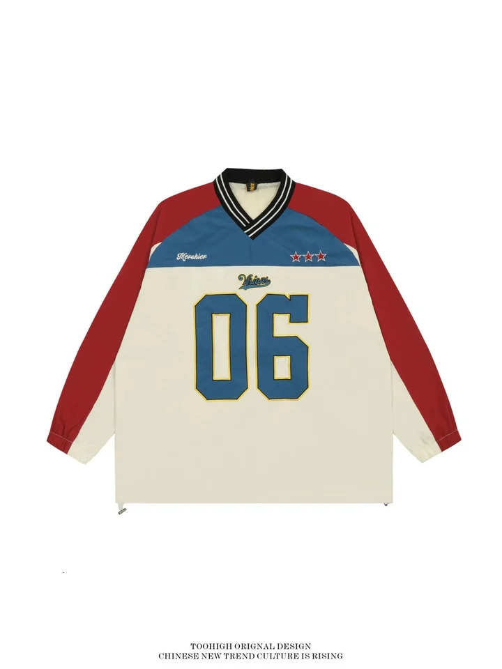 Felpa con scollo a V retrò americana Tessitura maniche raglan Coppia camicia a maniche lunghe per uomo Donna Autunno Abbigliamento sportivo Giacca T
