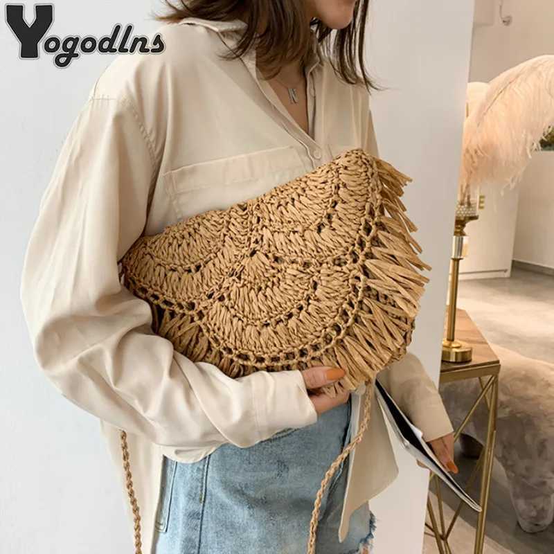 Summer tassel grass bag womens paper rope hook hand woven casual handbag beach travel girl cross body flip bagW250420