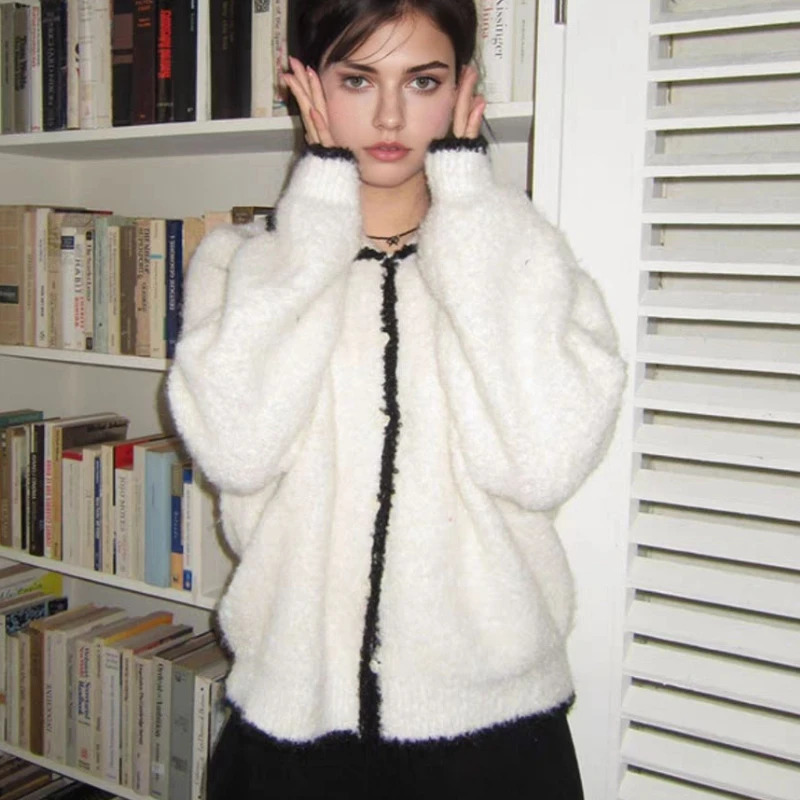 Autumn Retro Lapel Sweater Womens Winter Elegant Loose Knitted Top Cardigan Jacket Korean Style Casual Knitwear 251120