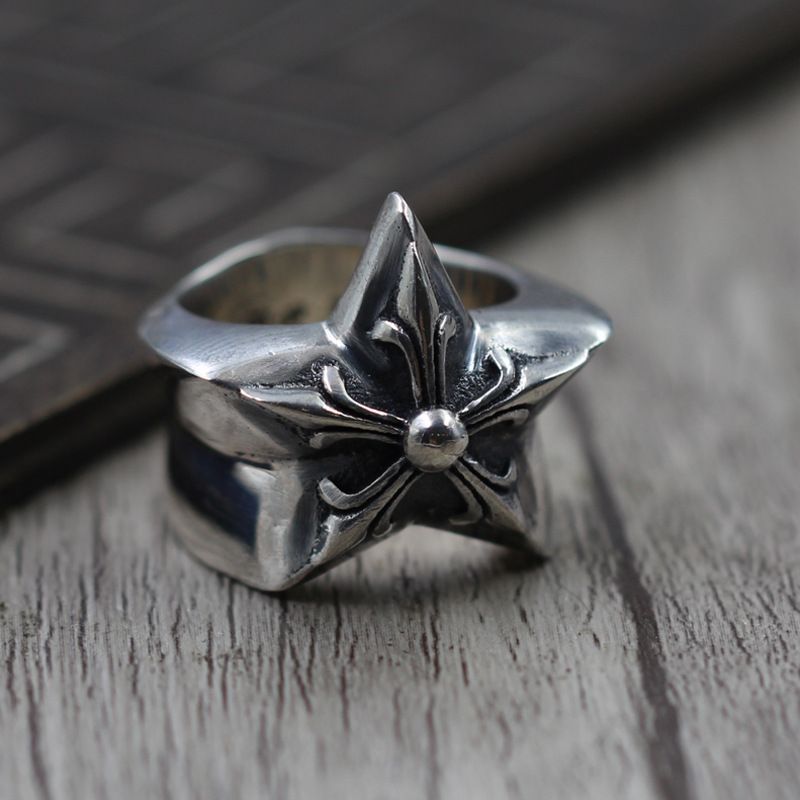 Plain wedding Band Ring A73 S925 Sterling Silver Ring Fashion Retro Personality Aggressive Five Point Star Hip Hop Letter Net Red Versatile Punk Sty