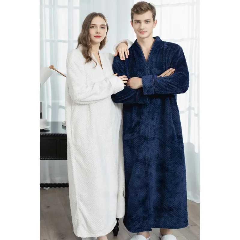 Winter Womens Extra Long Warm Bathrobe - Jacquard Flannel Coral Fleece Zipper Robe Plus Size Dressing Gown for Pregnant Lounge C251124-image-1085913054