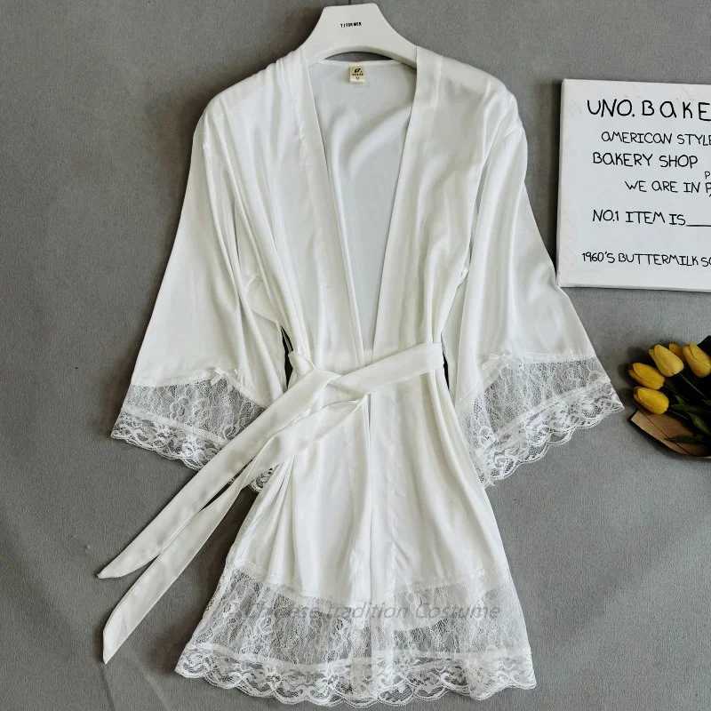 White Bride Wedding Morning Gown Lace Hem Bathrobe Kimono Lady Elegant Sleepwear V-Neck Nightwear Satin Intimate Lingerie C251124-image-1085913234