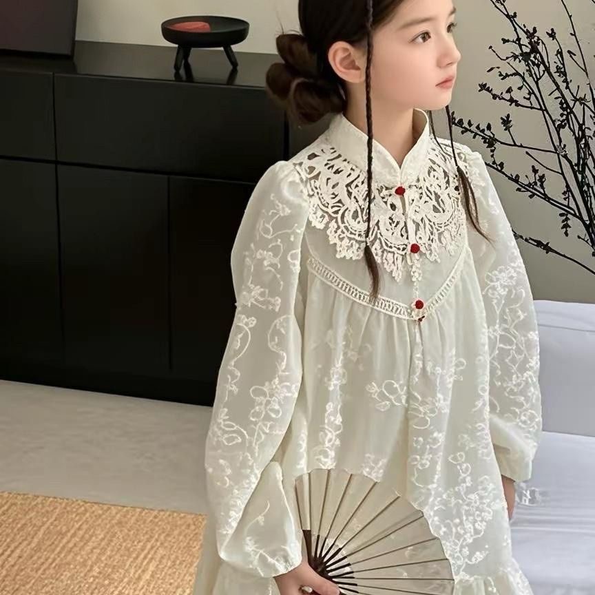 D776 Elegant Childrens Pink & White Lace-up Floral Ensemble for Young Ladies-image-1085928368