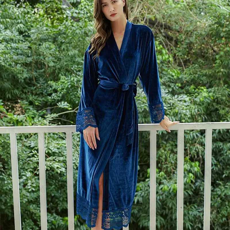 Autumn Winter Velvet Nightgown Kimono Robe Sleepwear Dressing Gown Nightdress Sexy Lace Long Nightwear Bathrobe Loose Home Wear C251124-image-1085913473