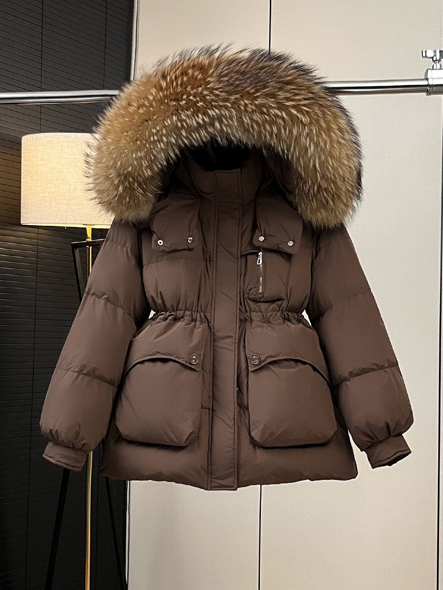Hiver grand col de fourrure doudoune pour les femmes mi-longueur nouveau style coréen coupe ajustée épaissie taille-cinching véritable manteau de