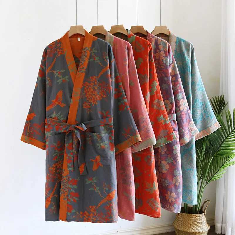 Pure Cotton Sleepwear Womens Bathrobe Clothes For Sleep Floral Autumn Long Sleeve Kimono Robes For Women Gift Wedding C251124-image-1085913595