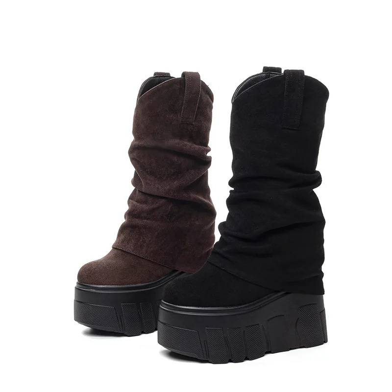 Fujin 5 Inch 14cm Stretch Boots Short Ankle Boots for Women Knee High Platform Booties Wedge Heel Hidden Botas Autumn Winter 251120