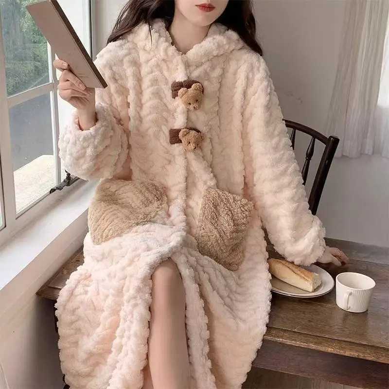 Little Bear Korean Edition Womens 2025 Autumn and Winter New Coral Velvet Thickened Hooded Bathrobe Long Pajama Sleeping Skirt C251124-image-1085913723
