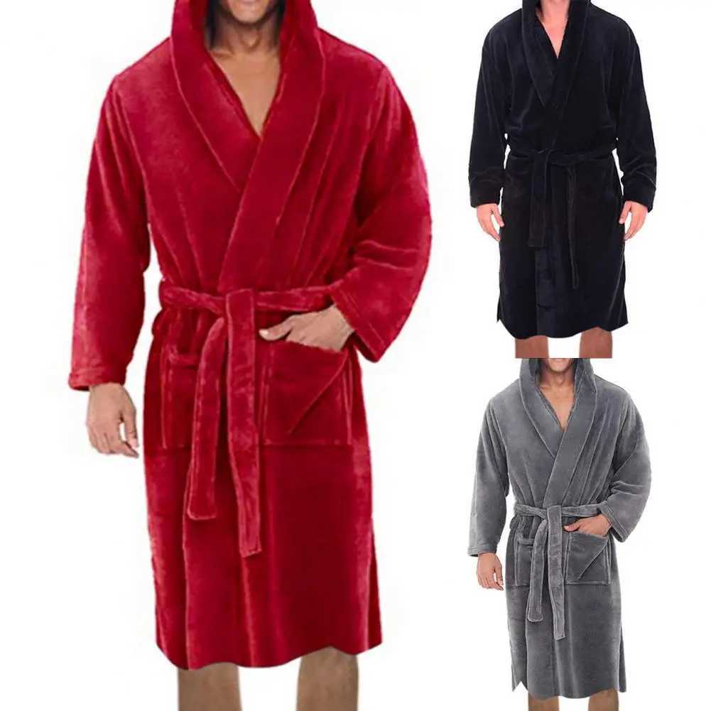 Belt Flannel Bath Robe for Men Hooded Pockets Warm Men Nightgown Men Plush Bathrobe Sleepwear Home Clothes Loose Pajamas Robe C251124-image-1085912893