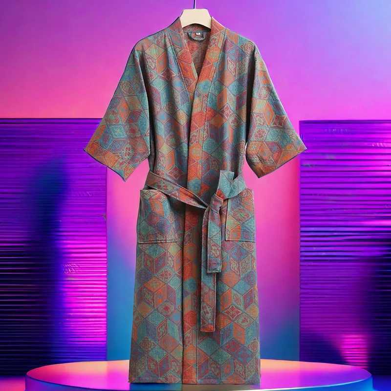 Waffle High-Quality Robe Large Size Long Men and Women Universal Residence Clothing Bathrobe Solid Black Plaid Couple Nightgowns C251124-image-1085913022