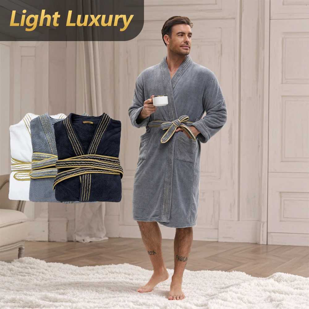 Mens elegant solid color long coral fleece thick bathrobe set long bathrobe with pocket comfortable and close fitting home C251124-image-1085913279