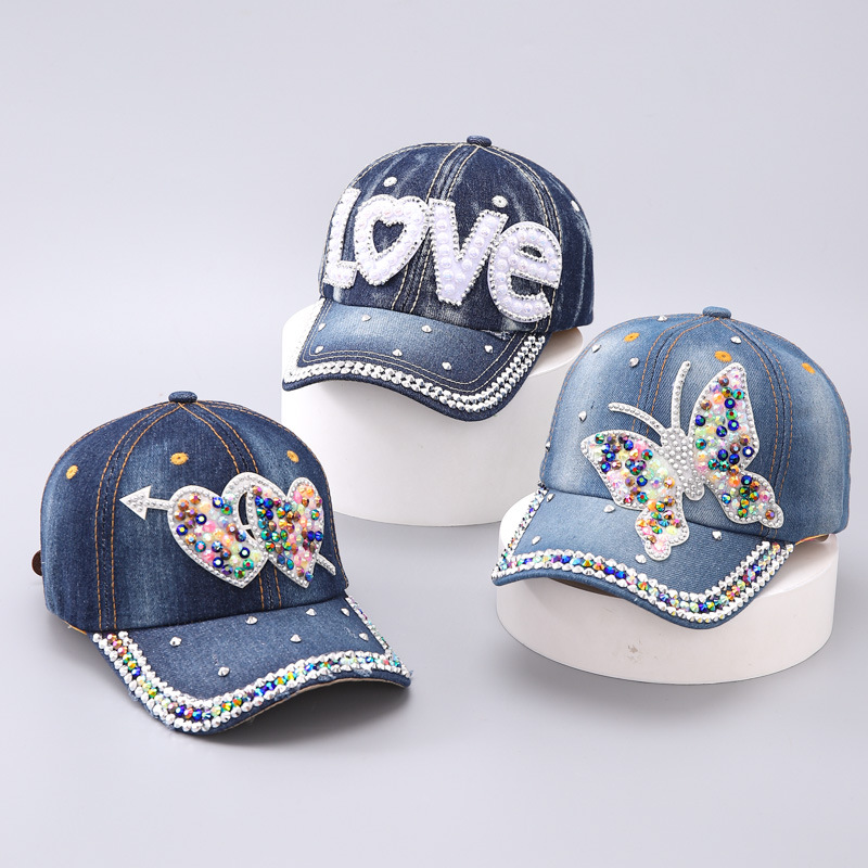 New womens denim baseball hats with trendy colored diamonds love heart butterfly curved brim and duckbill design designer beanie bonnet bonnet luxe