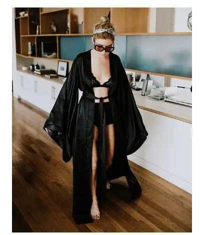 Fashion Sexy Pajama Dress Lingerie with Robe Long Sleeve Lace Nightgown with Belt Sleepwear Satin Women Bridesmaid Bathrobe C251124-image-1085913225