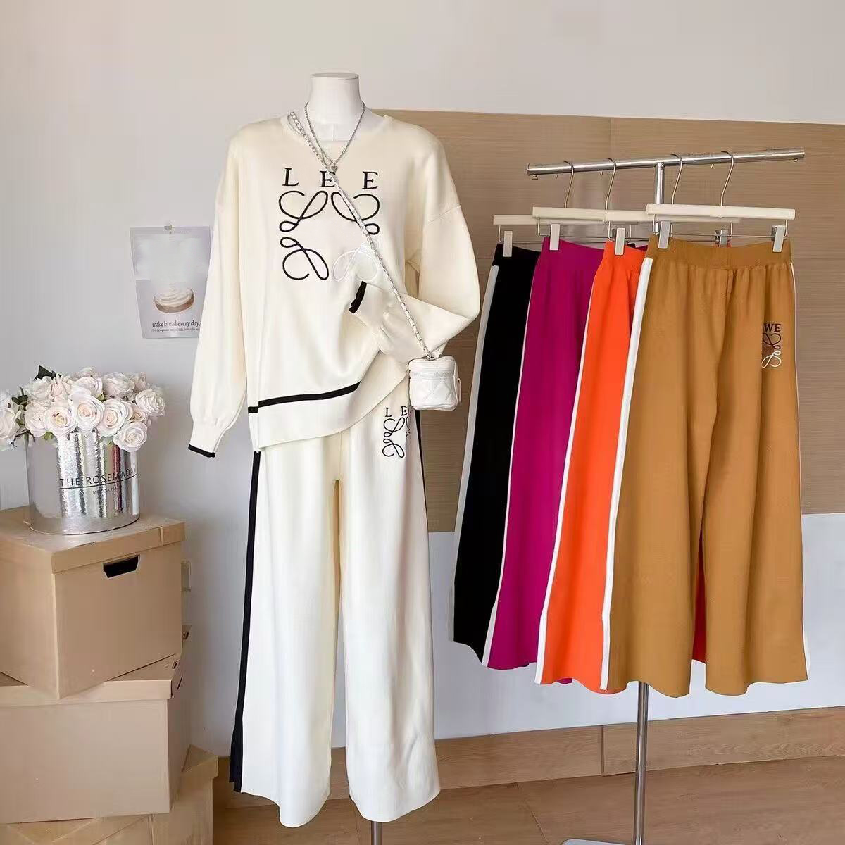 Ensemble pantalon à jambes larges et col rond tricoté brodé pour femmes, ensemble simple deux pièces de couleurs contrastées, nouvelle Station eu