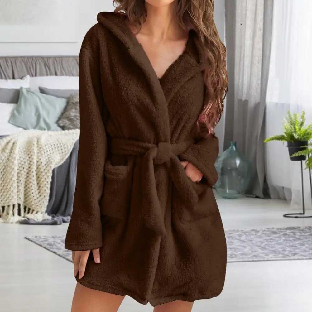Lightweight Bathrobe Winter Nightdress Luxurious Plush Winter Nightgown with Hood Lace Up Belt for Women Cozy Homewear for Spa C251124-image-1085912837