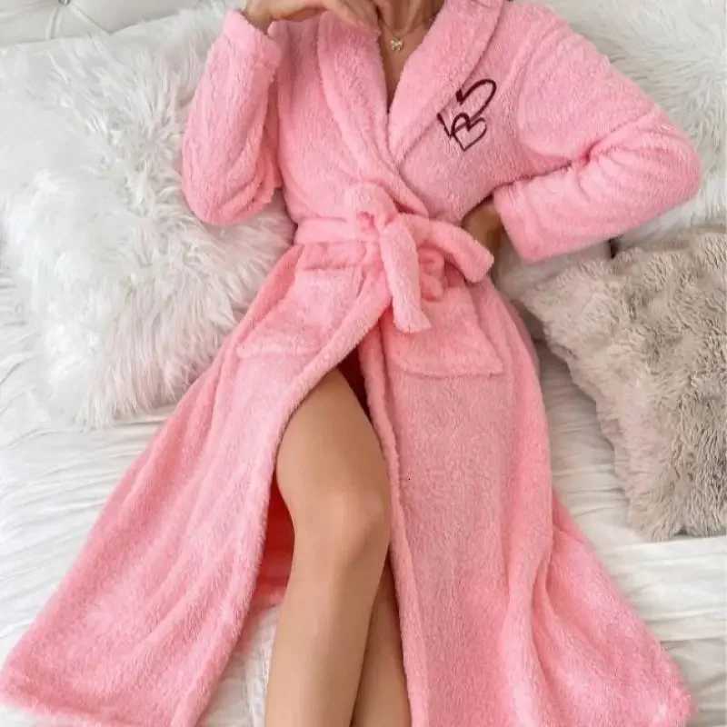 Pink Coral Fleece Robe Women Warm Kimono Gown Intimate Lingerie Lady Soft Bathrobe with Pocket Autumn and Winter Loungewear C251124-image-1085913426