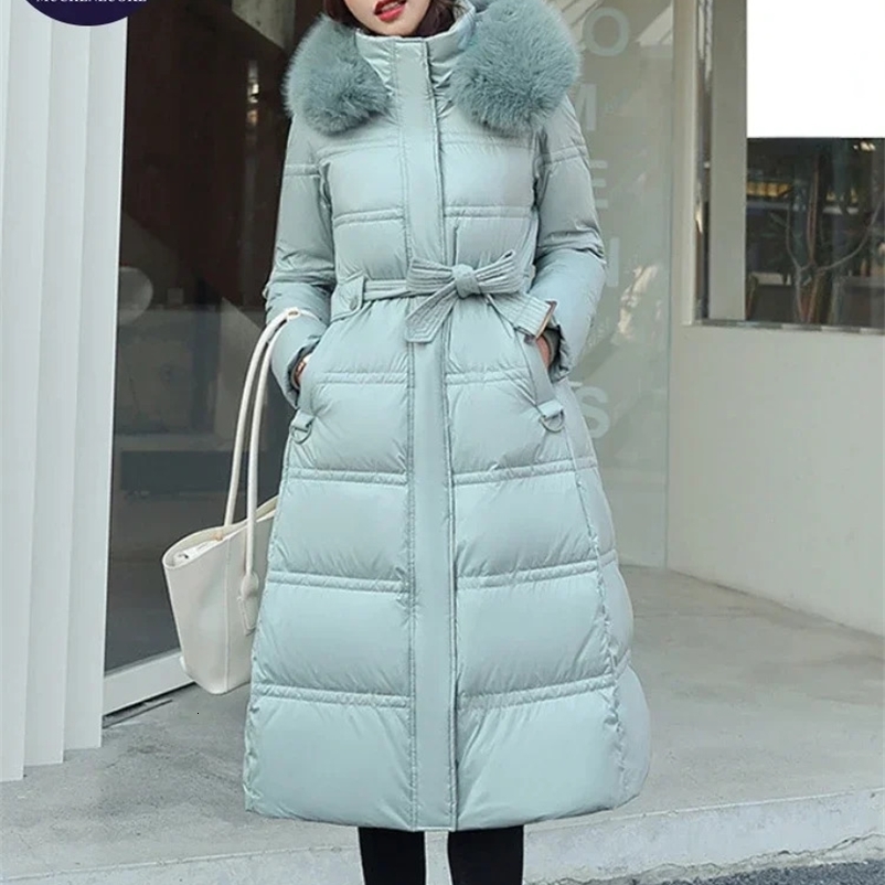 Womens Slim Fit Long Parkas Hooded Jackets Fur Collar Below The Knee Korean Fashion Warm Coats Autumn Winter 251110
