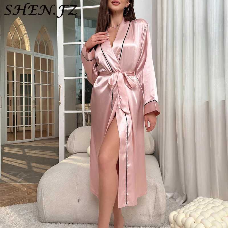 Womens Pajamas Long Ice Silk Dressing Gown Summer Thin Nightgown Fashionable Simple Loungewear Womens Sexy Cardigan Bathrobe C251124-image-1085913034