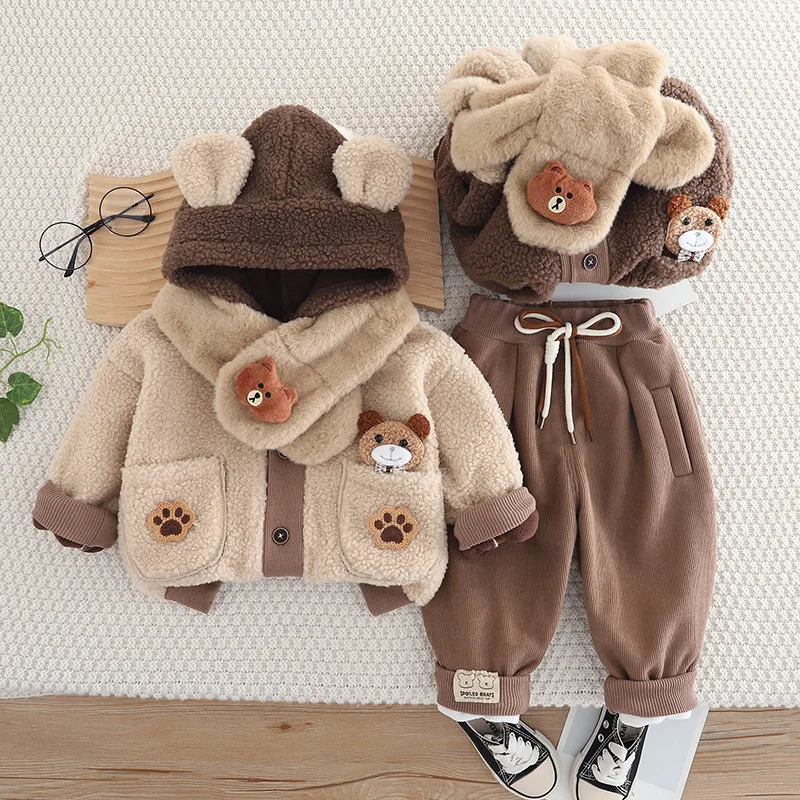 Girl Baby Clothing Set Boys Winter Plush Set Fashionable Baby Childrens Thick Coat Pants Two Piece Set H251208-image-1087662214