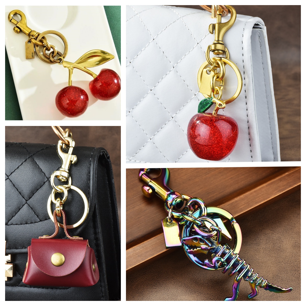 20style Designer keychain cute purse red green black crystal accents fashionable casual small cherry charm keyring bag accessories