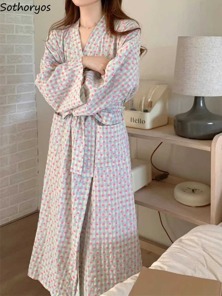 Sweet Heart Plaid Robes Women Autumn Long Bathrobes Japanese Sleepwear with Belt Comfortable Loose Chic Female Simple Loungewear C251124-image-1085913419