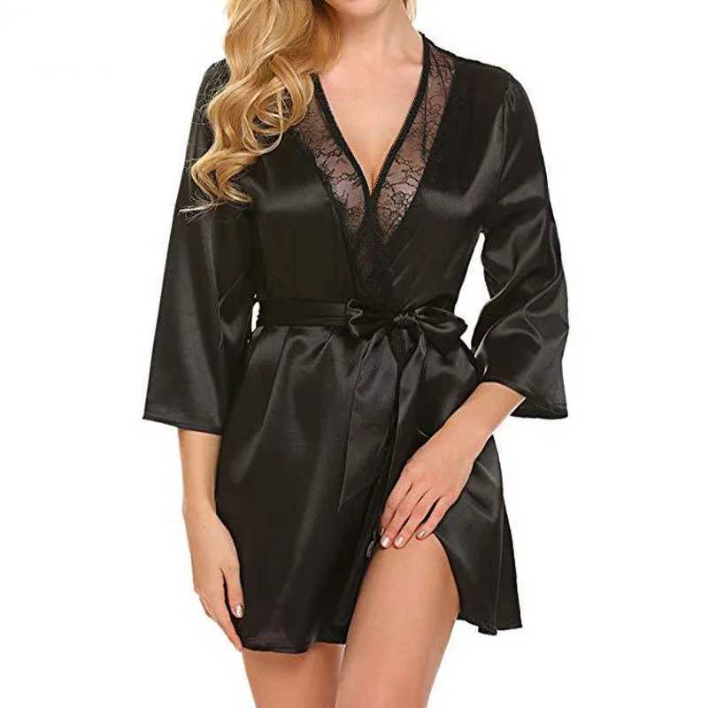 Women Sexy Lace Satin Robe Sleepwear Short Nightgown Kimono Bathrobe Lingerie Nighty Dress Soft Comfortable Black Plus Size C251124-image-1085913347