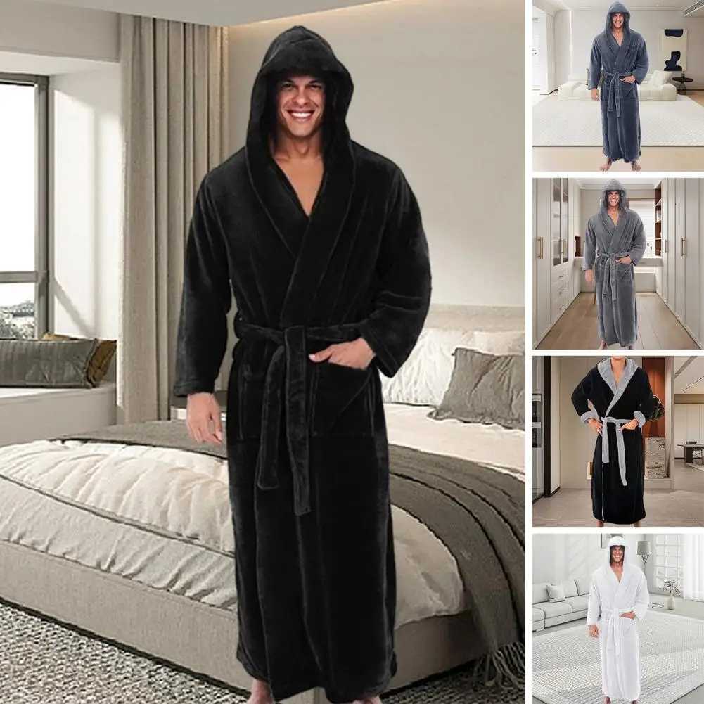 Plush Bathrobe Luxurious Mens Hooded Bathrobe with Adjustable Belt Ultra Soft Absorbent Male Robe with Pockets Plush Solid C251124-image-1085912973